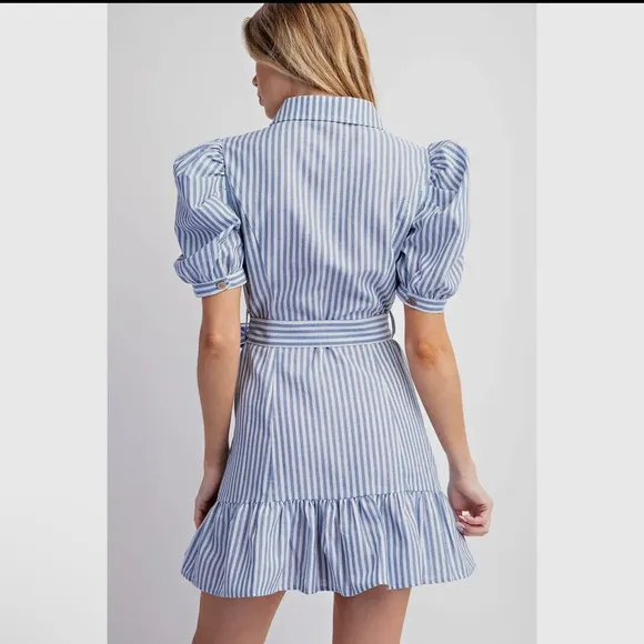 041 - Blue and White stripped Mini Sundress with Ruffled Skirt and Puff Sleeves