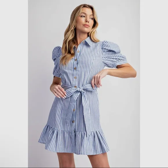 041 - Blue and White stripped Mini Sundress with Ruffled Skirt and Puff Sleeves