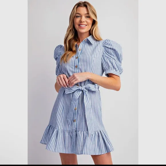 041 - Blue and White stripped Mini Sundress with Ruffled Skirt and Puff Sleeves