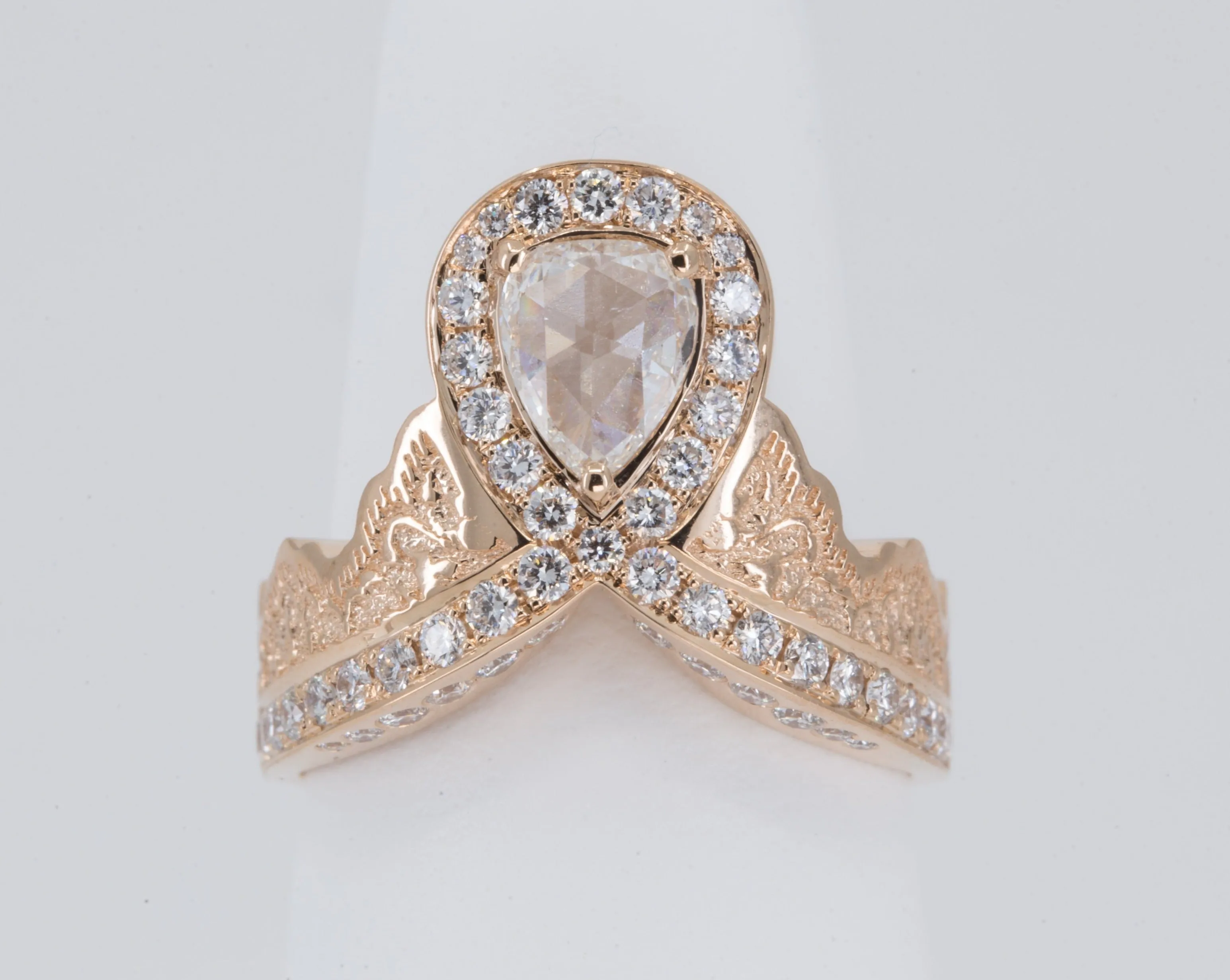 0.52 ct Rose Cut Pear Diamond Ring in 14K Rose Gold with a Matching Pink Sapphire and Diamond Ring in 14K White Gold - Size 6