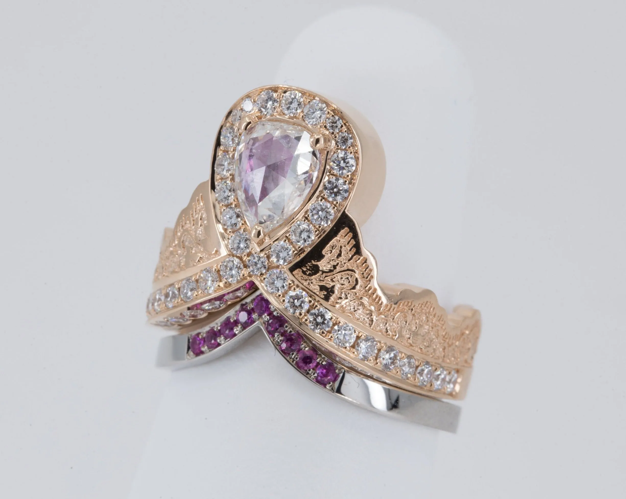 0.52 ct Rose Cut Pear Diamond Ring in 14K Rose Gold with a Matching Pink Sapphire and Diamond Ring in 14K White Gold - Size 6