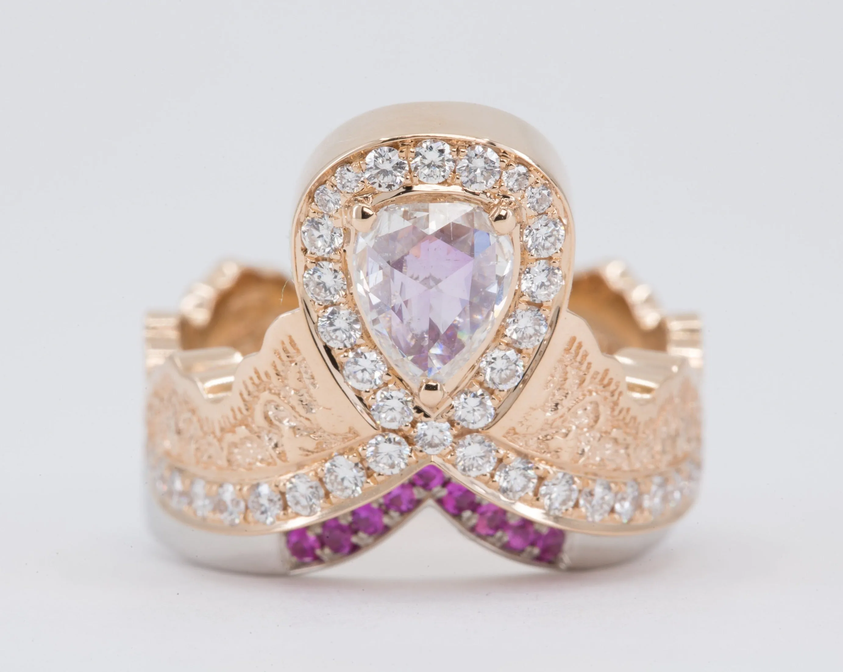 0.52 ct Rose Cut Pear Diamond Ring in 14K Rose Gold with a Matching Pink Sapphire and Diamond Ring in 14K White Gold - Size 6