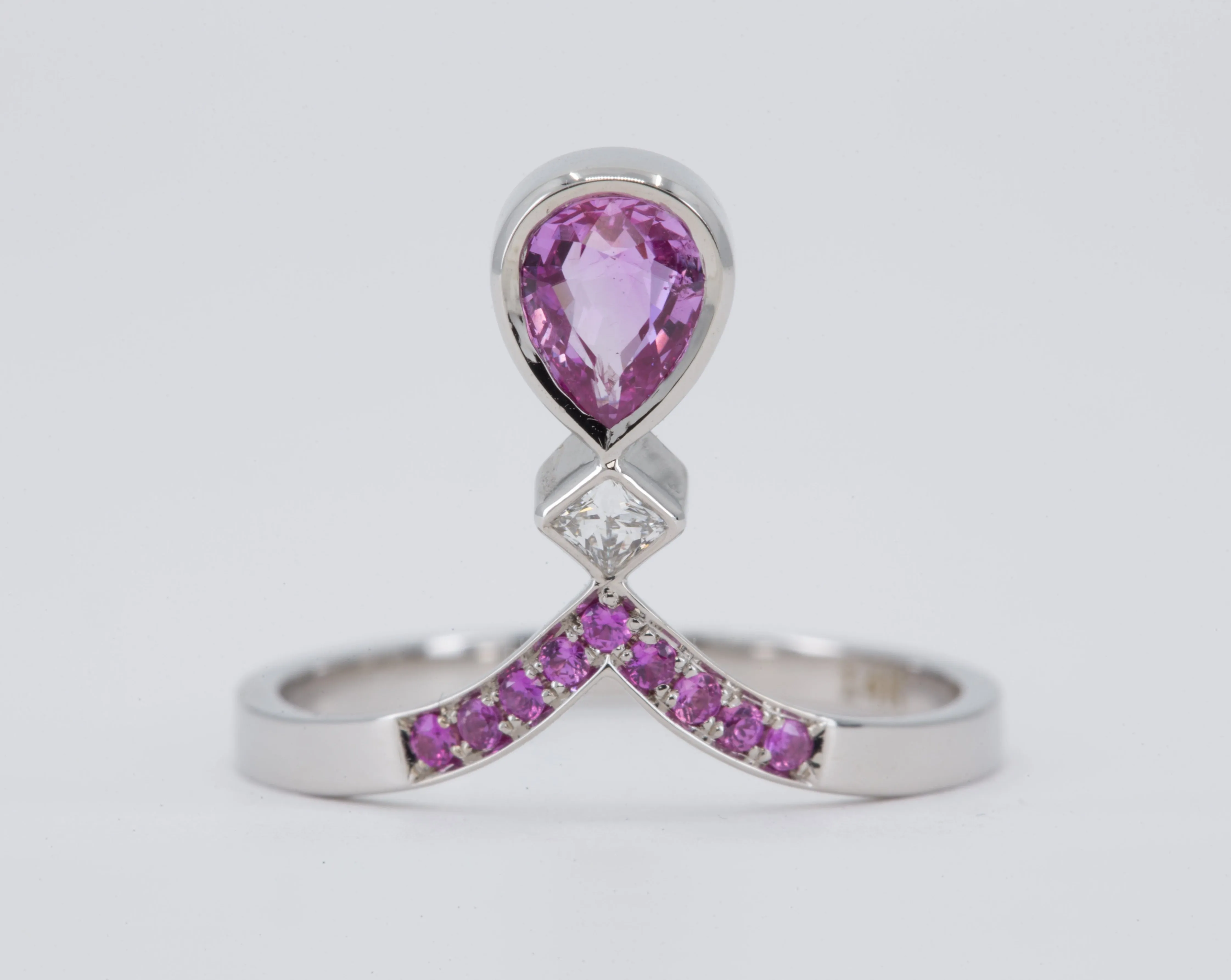 0.52 ct Rose Cut Pear Diamond Ring in 14K Rose Gold with a Matching Pink Sapphire and Diamond Ring in 14K White Gold - Size 6