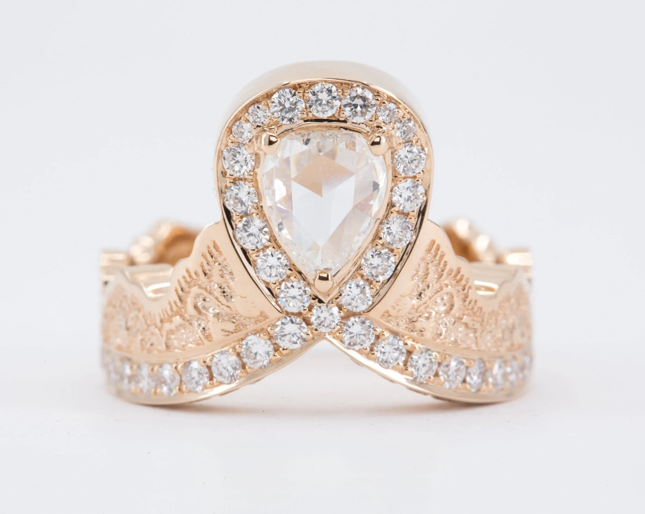 0.52 ct Rose Cut Pear Diamond Ring in 14K Rose Gold with a Matching Pink Sapphire and Diamond Ring in 14K White Gold - Size 6