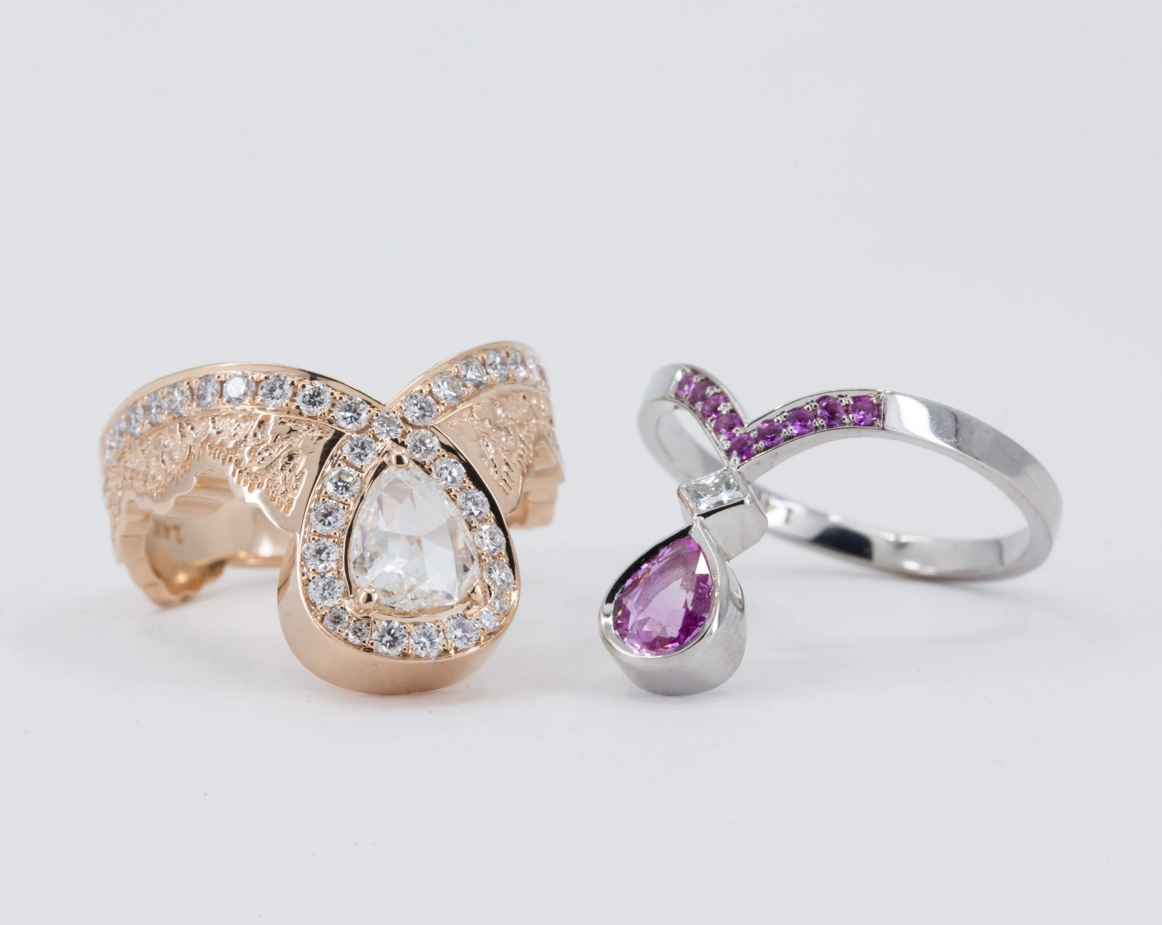 0.52 ct Rose Cut Pear Diamond Ring in 14K Rose Gold with a Matching Pink Sapphire and Diamond Ring in 14K White Gold - Size 6