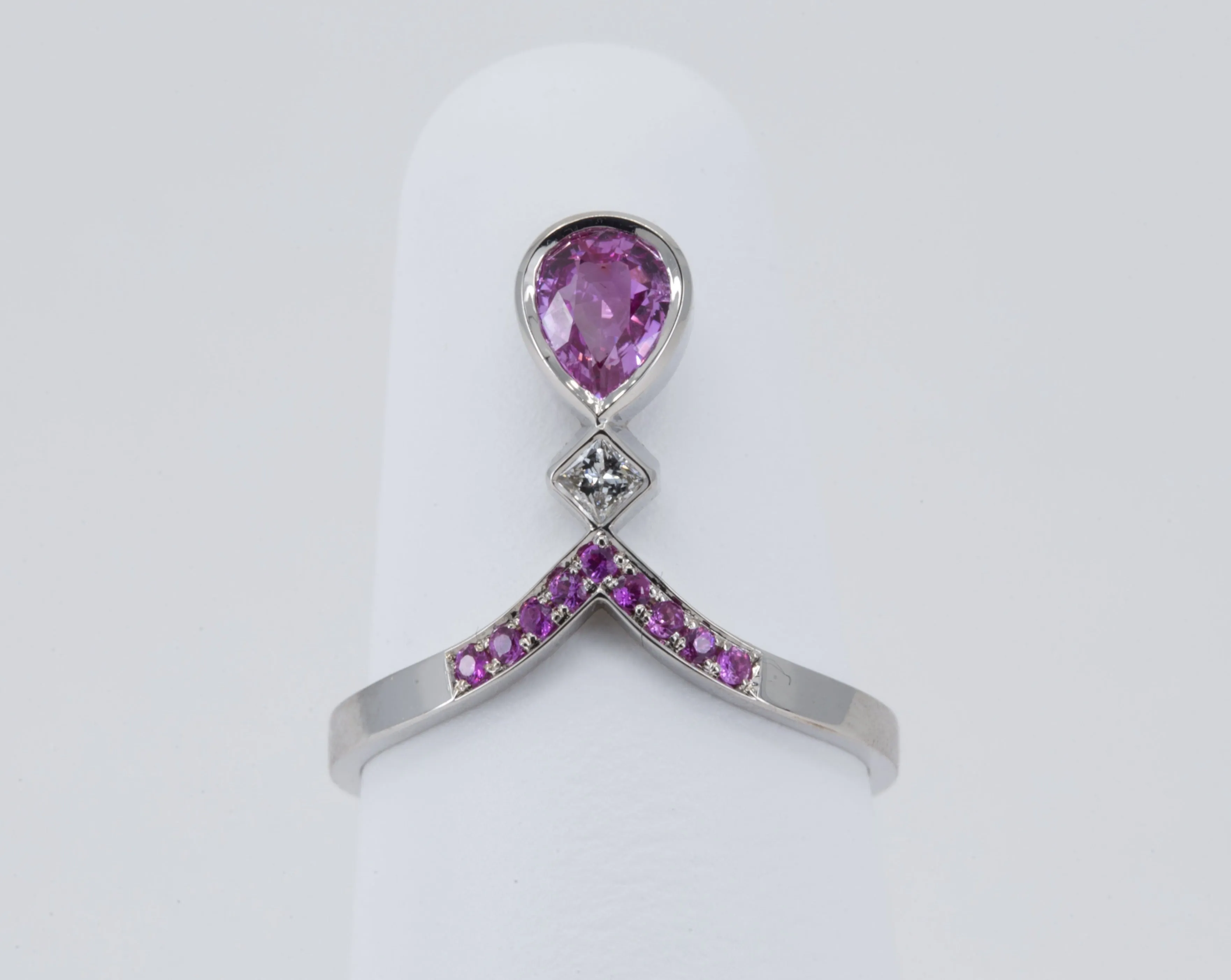 0.52 ct Rose Cut Pear Diamond Ring in 14K Rose Gold with a Matching Pink Sapphire and Diamond Ring in 14K White Gold - Size 6