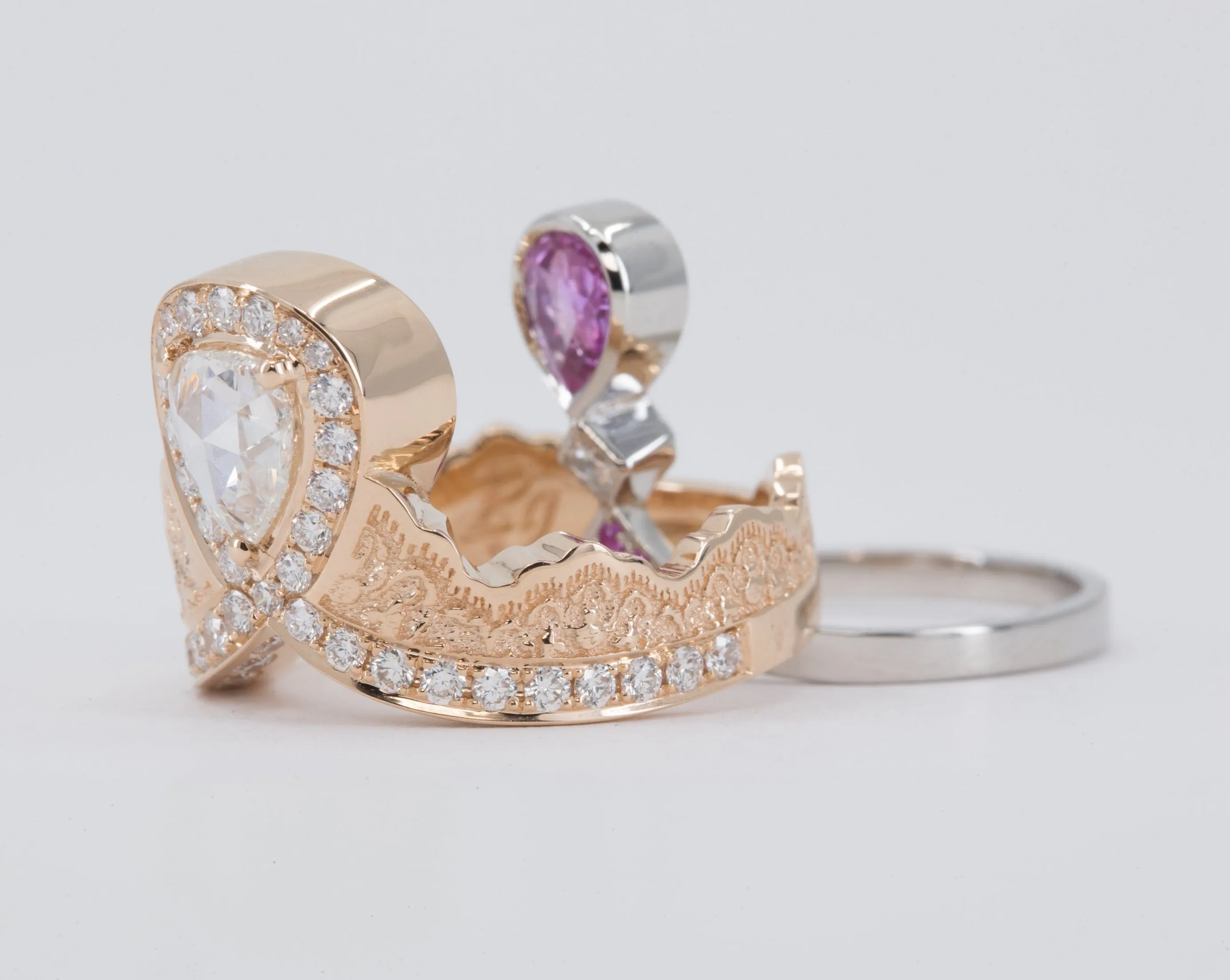 0.52 ct Rose Cut Pear Diamond Ring in 14K Rose Gold with a Matching Pink Sapphire and Diamond Ring in 14K White Gold - Size 6