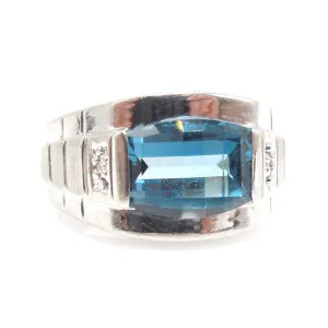 10K White Gold & Barrel Cut London Blue Topaz Man's Ring with Diamonds