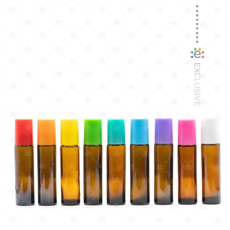 10ml Amber Roller Bottles with EOS Signature Multi-Coloured Plastic Caps and Travel Case (set of 9 bottles)