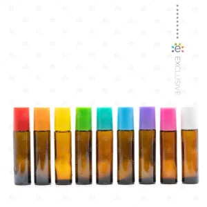 10ml Amber Roller Bottles with EOS Signature Multi-Coloured Plastic Caps and Travel Case (set of 9 bottles)