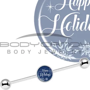 14 Gauge Happy Holidays Snowflake Industrial Barbell 37mm