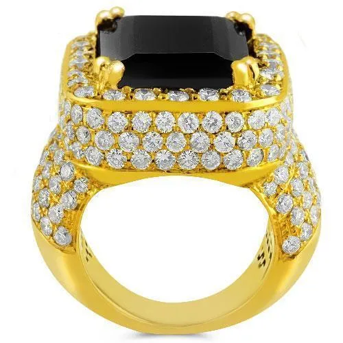 14k Yellow Solid Gold Diamond and Black Onyx Ring 18 Ctw