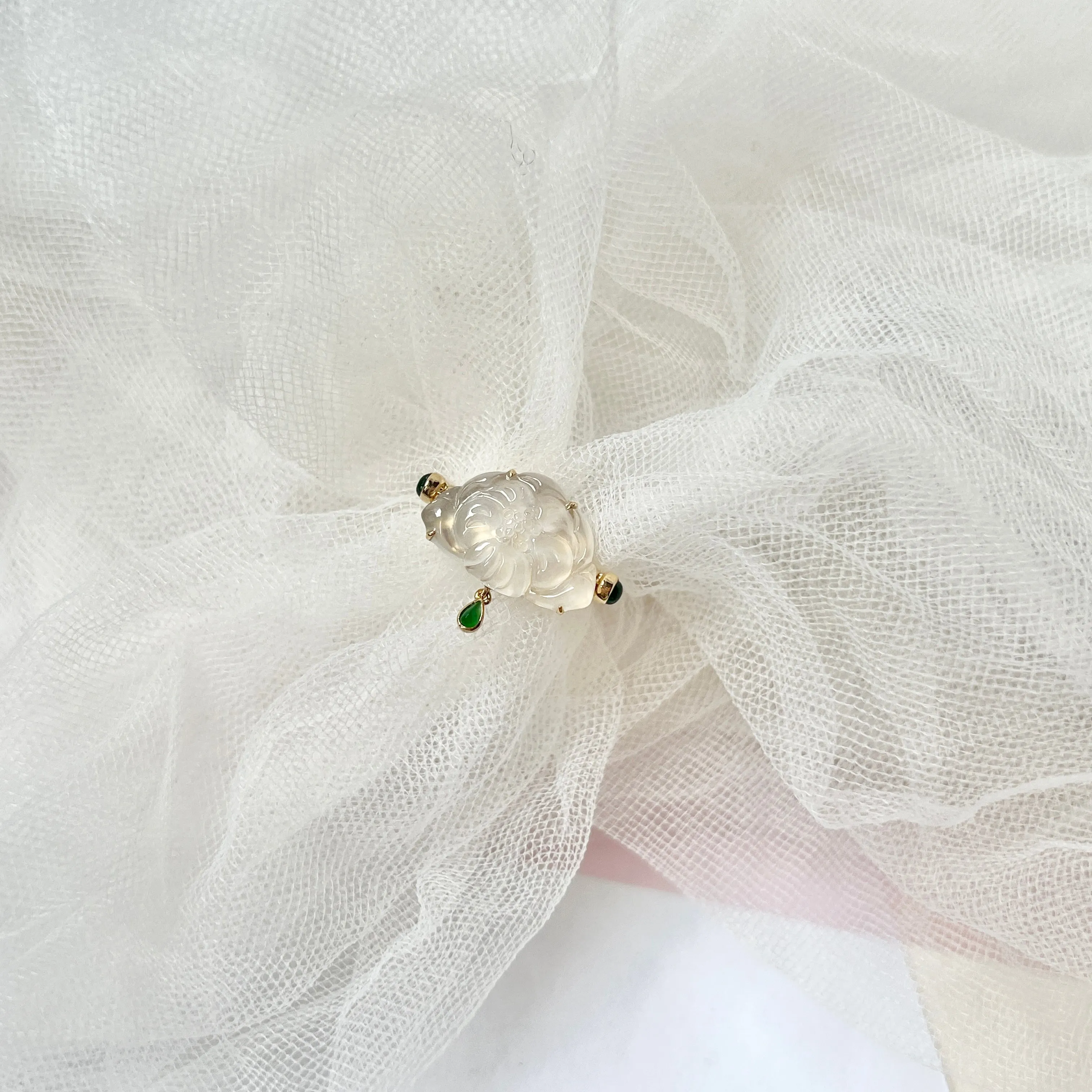 16.1mm Icy A-Grade Natural Jadeite Lotus Flip Ring No. 162413