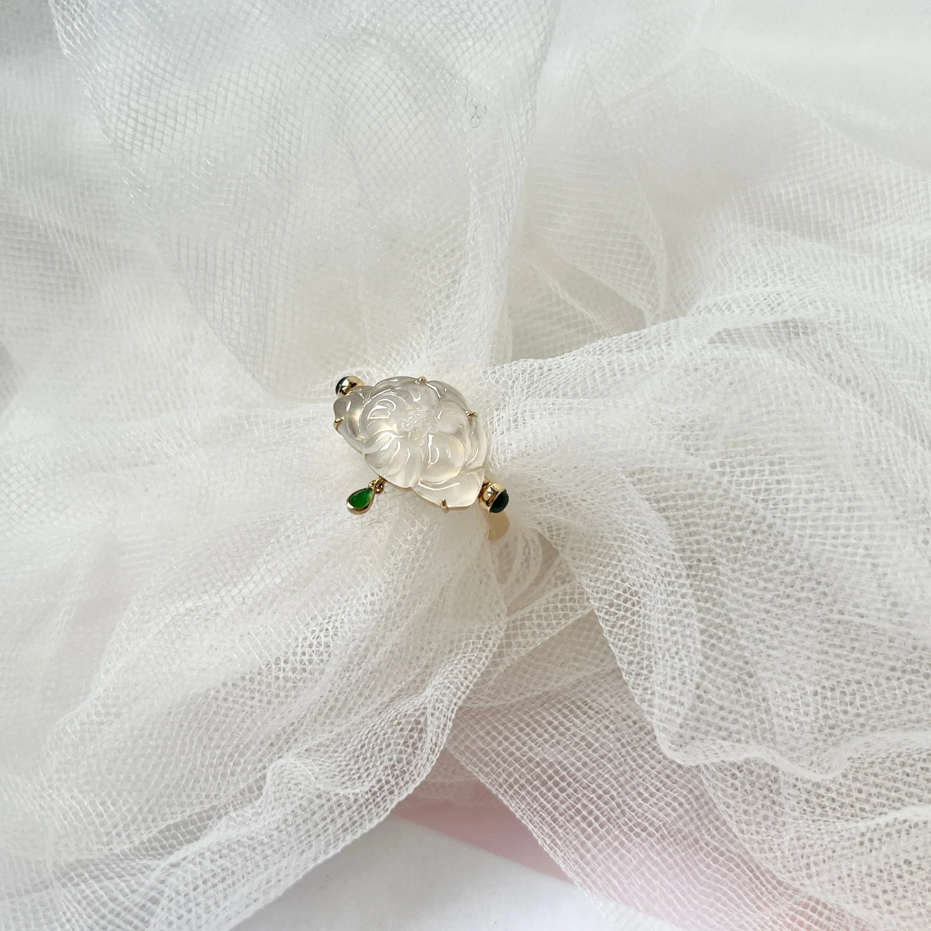 16.1mm Icy A-Grade Natural Jadeite Lotus Flip Ring No. 162413