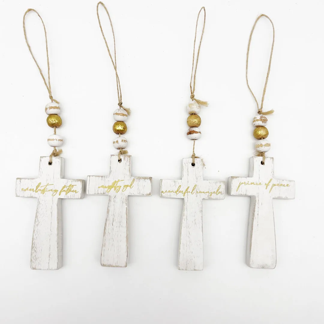 $18.00 min 4 - SET OF 4 WHITE WASH CROSS STOCKING NAME TAGS..2.25X3.5