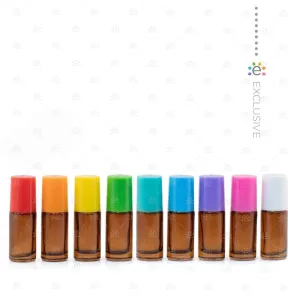 5ml Amber Roller Bottles with EOS Signature Multi-Coloured Plastic Caps in a Travel Case (set of 9 bottles)