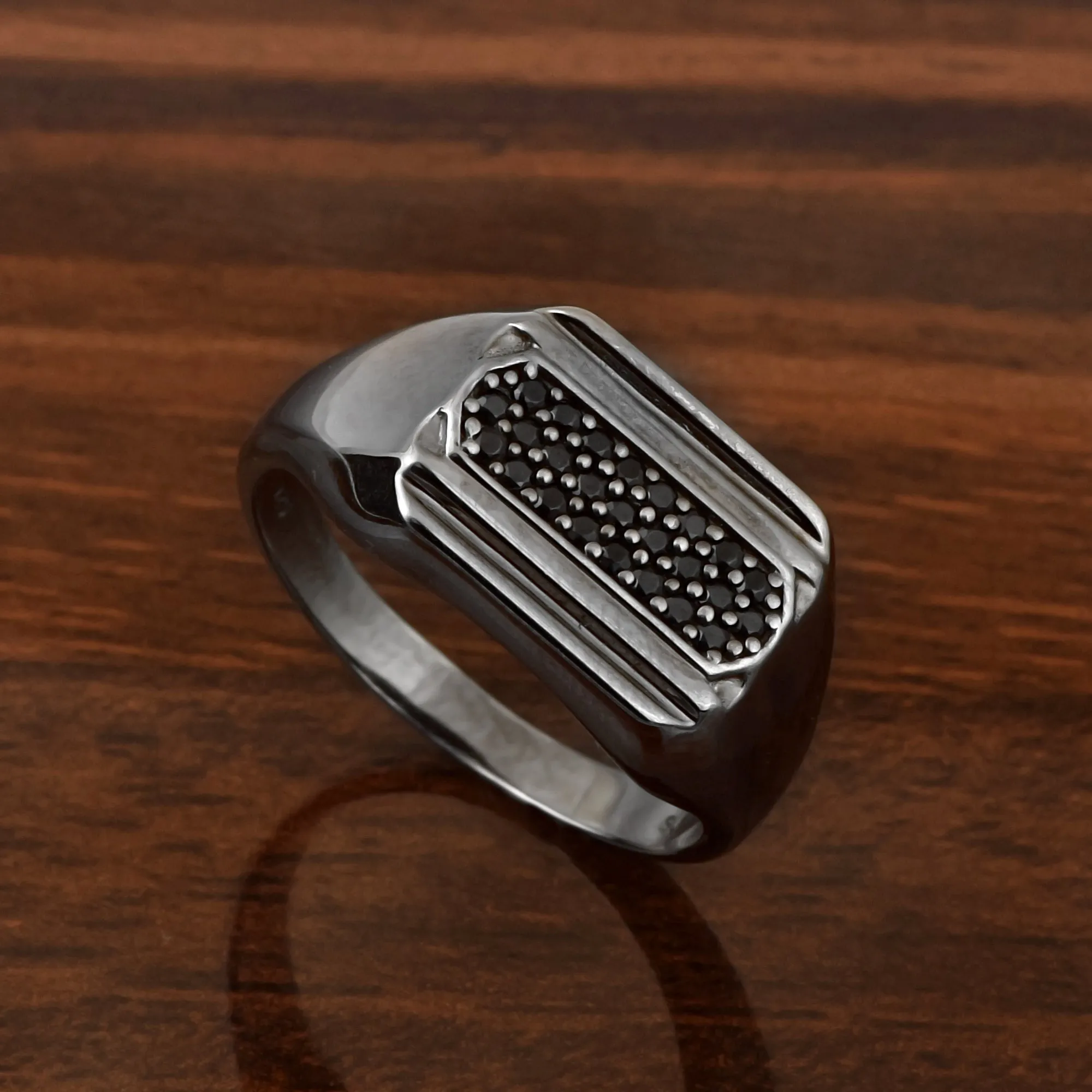 925 Sterling Silver Round Black Spinel Black Finished Men's Ring