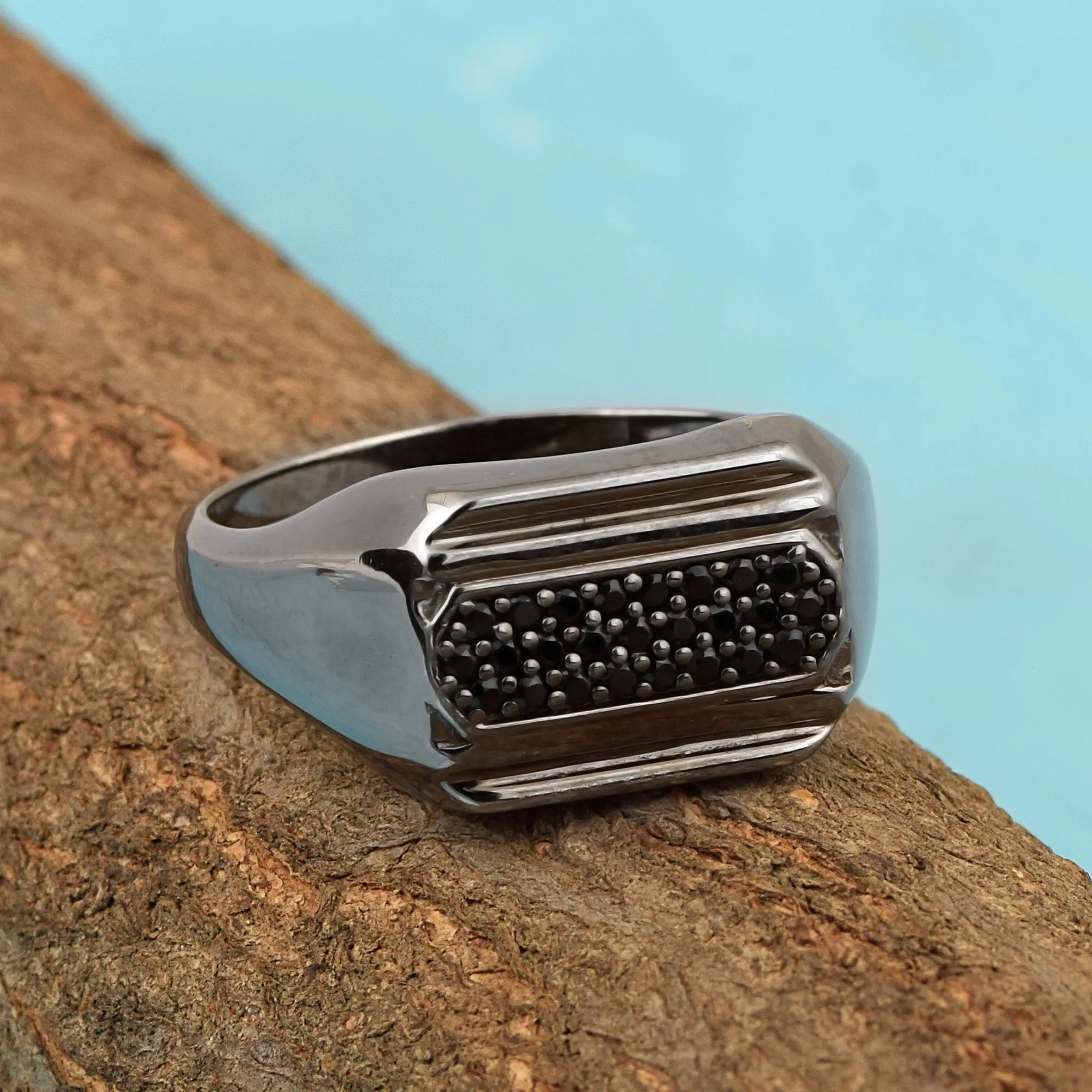 925 Sterling Silver Round Black Spinel Black Finished Men's Ring