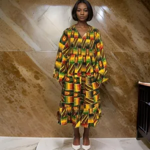 African Kente Print Long Full Sleeve Dress