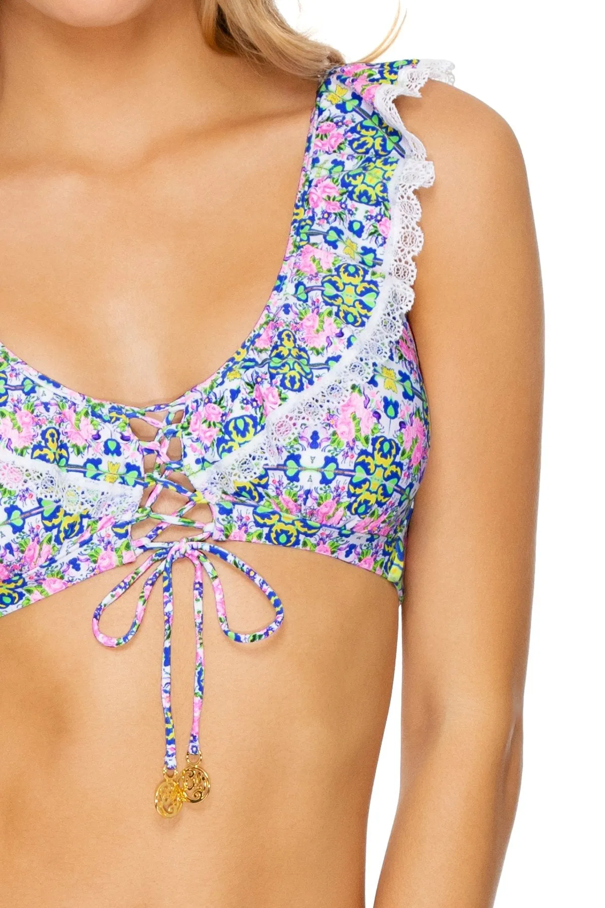 ANGEL FACE - Laced Up Ruffle Bralette & Moderate Bottom • Multicolor