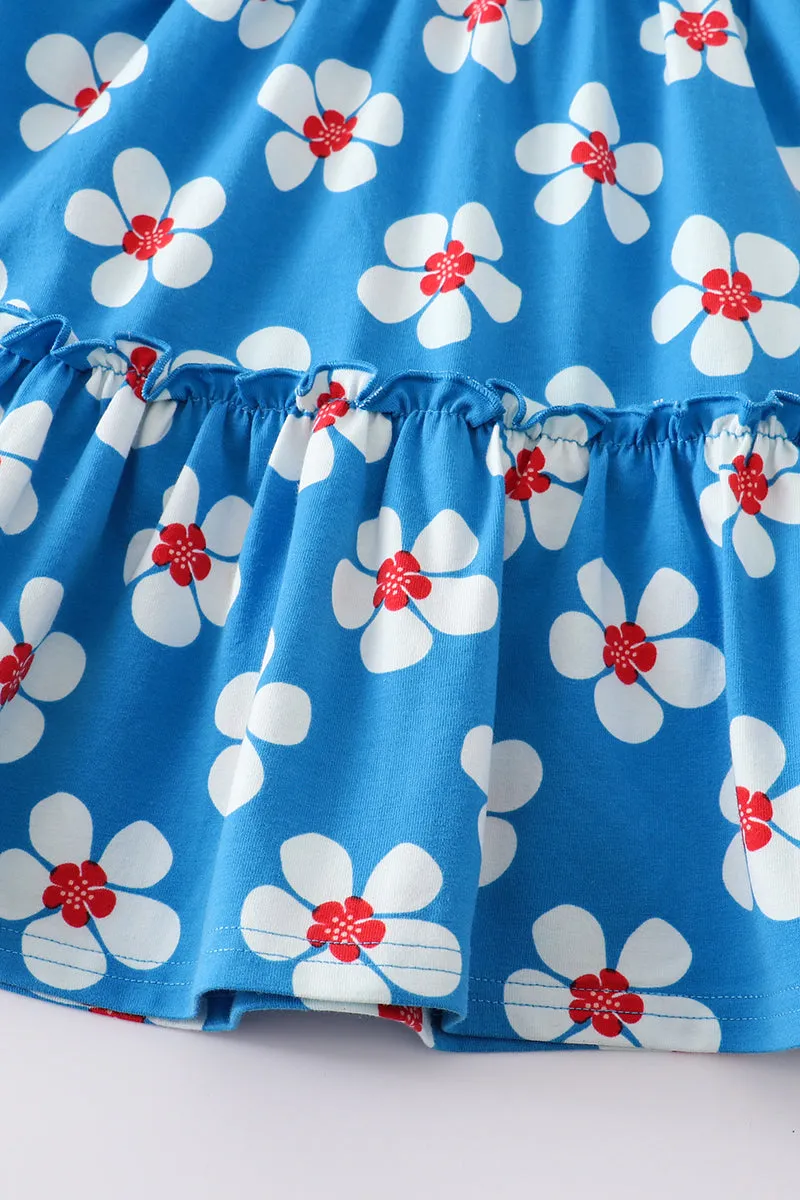 Blue & White Floral Print Ruffle Dress