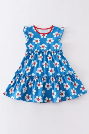 Blue & White Floral Print Ruffle Dress