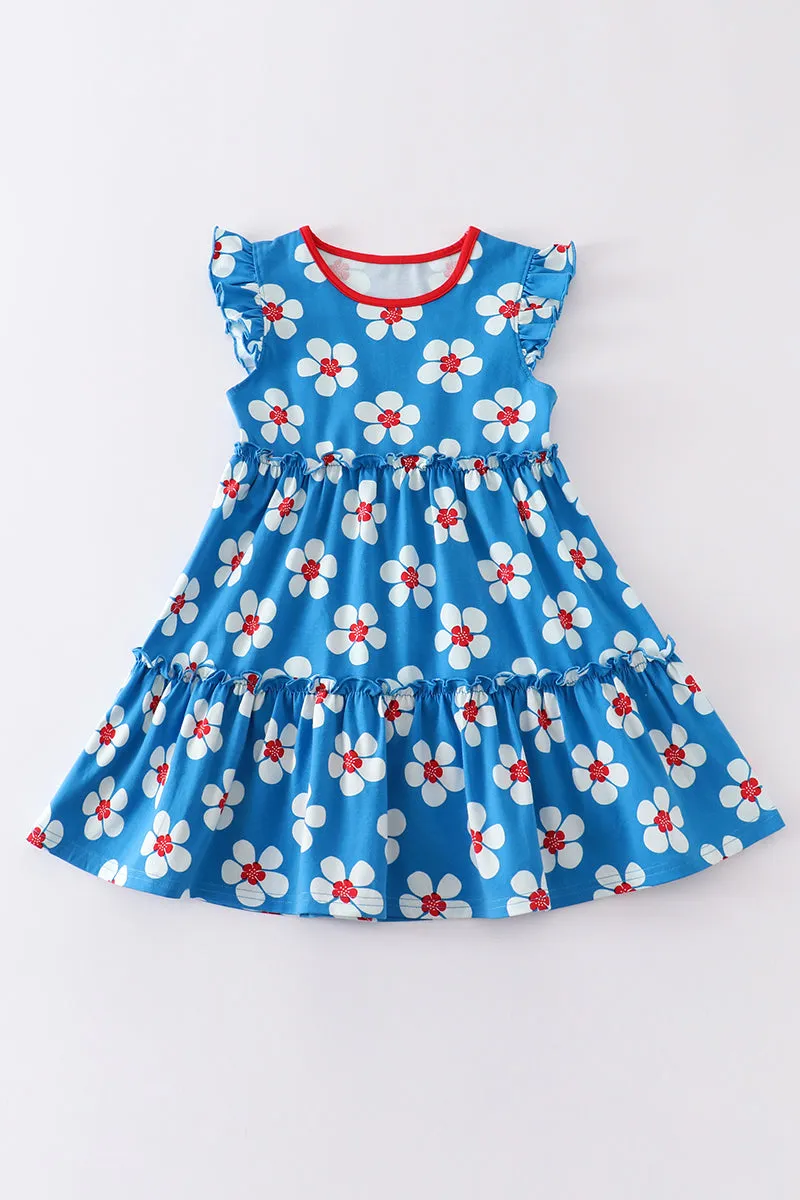Blue & White Floral Print Ruffle Dress