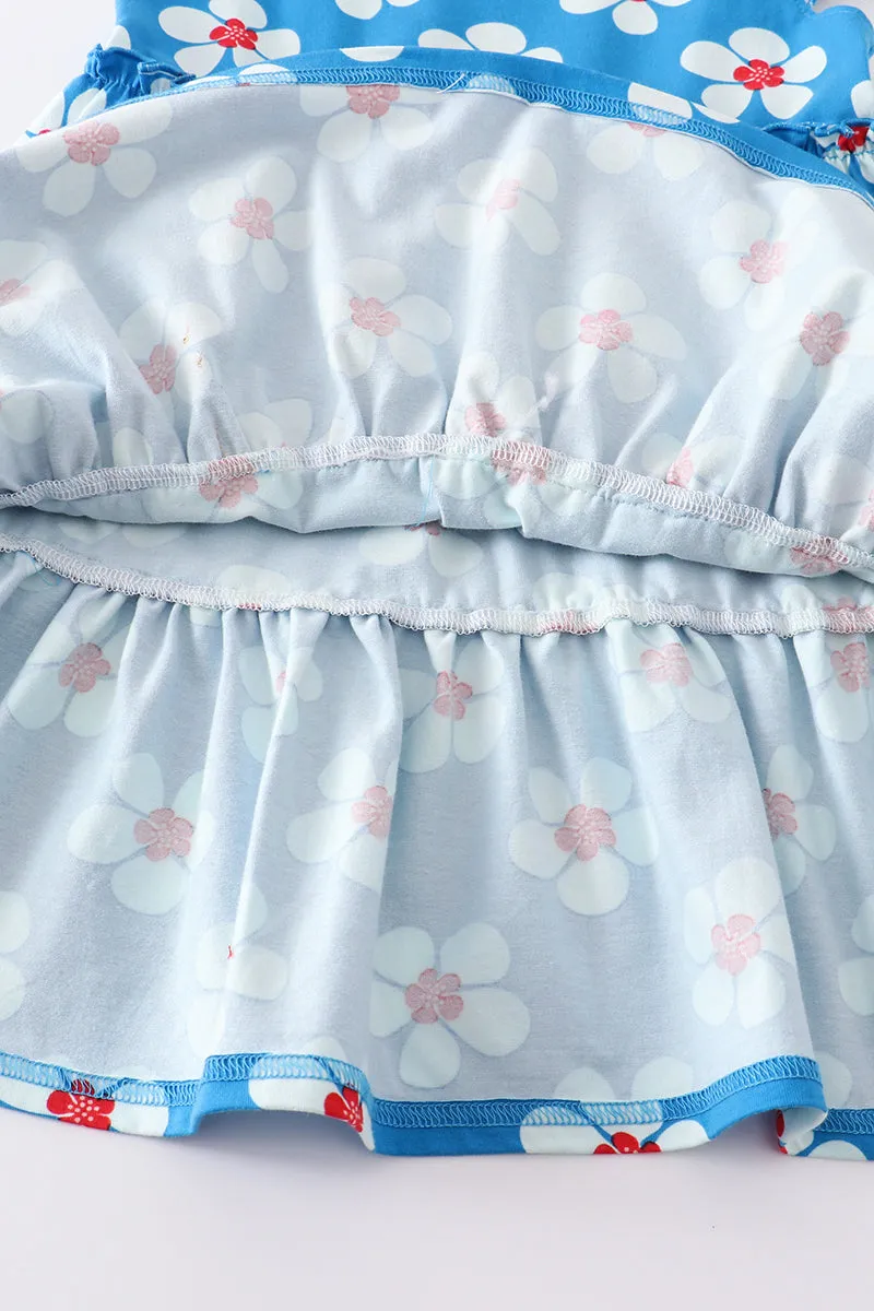 Blue & White Floral Print Ruffle Dress