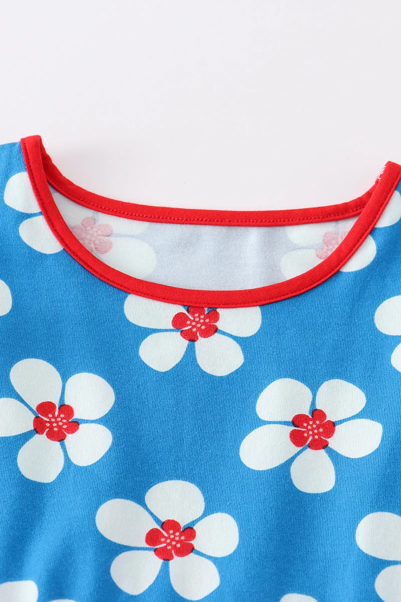 Blue & White Floral Print Ruffle Dress