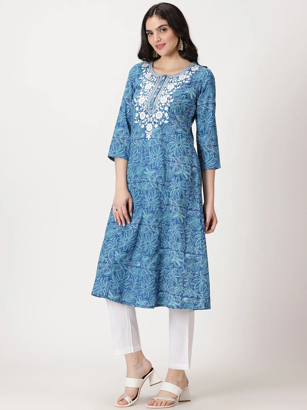 Blue Floral Print Cotton Kurta with Chikankari Yoke Embroidery