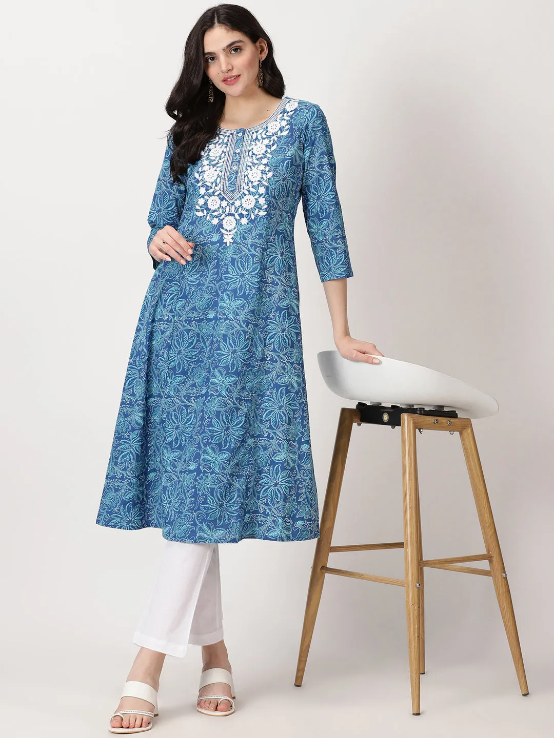 Blue Floral Print Cotton Kurta with Chikankari Yoke Embroidery