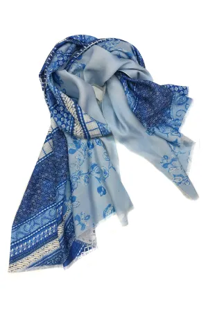 Blue Floral Silk Wool Scarf