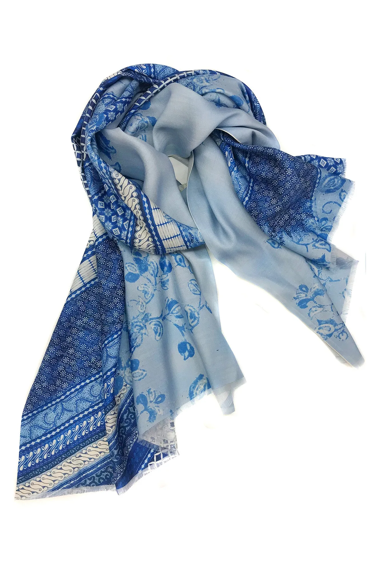 Blue Floral Silk Wool Scarf