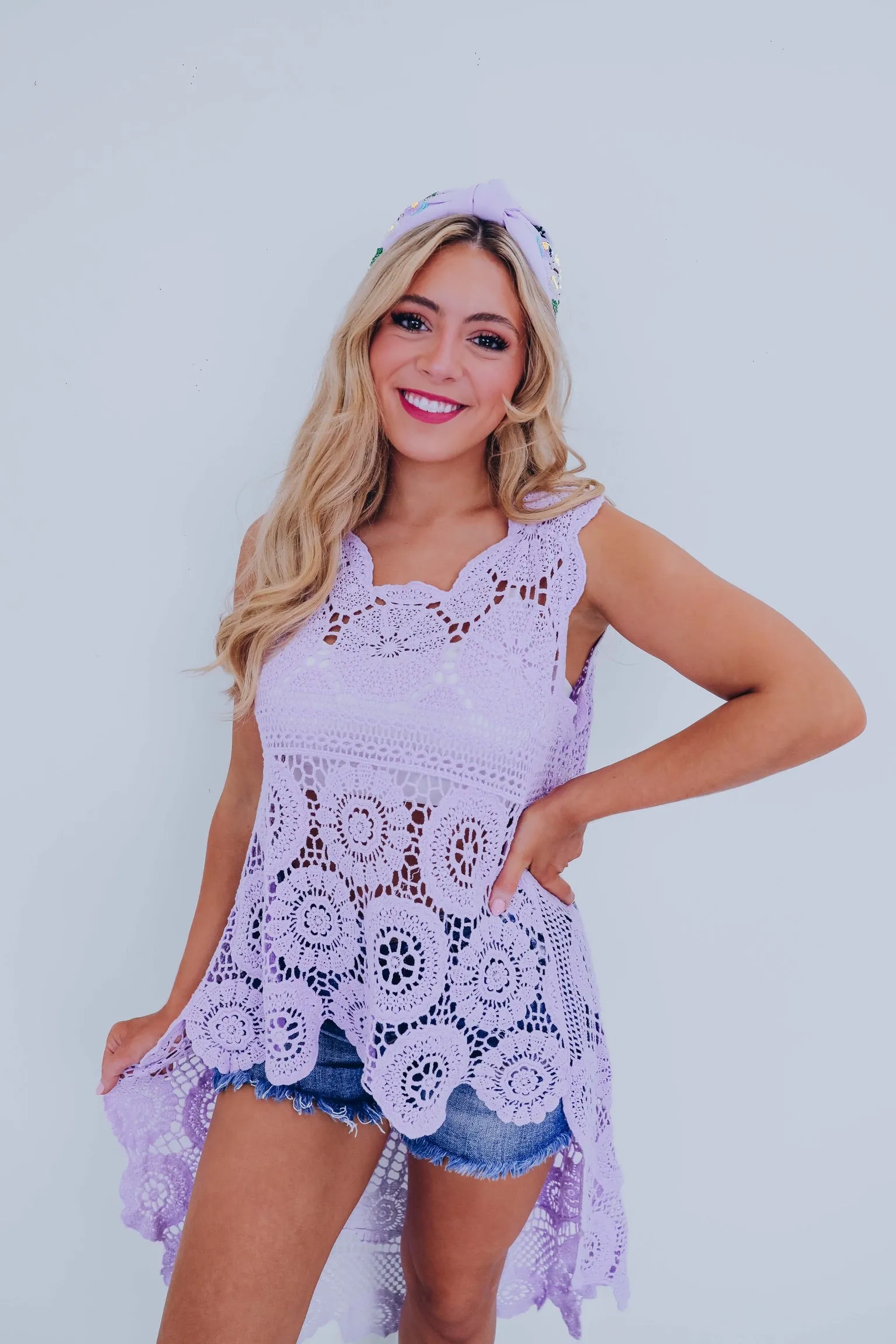 Boho Flow Crochet Hi-Low Top - Lavender