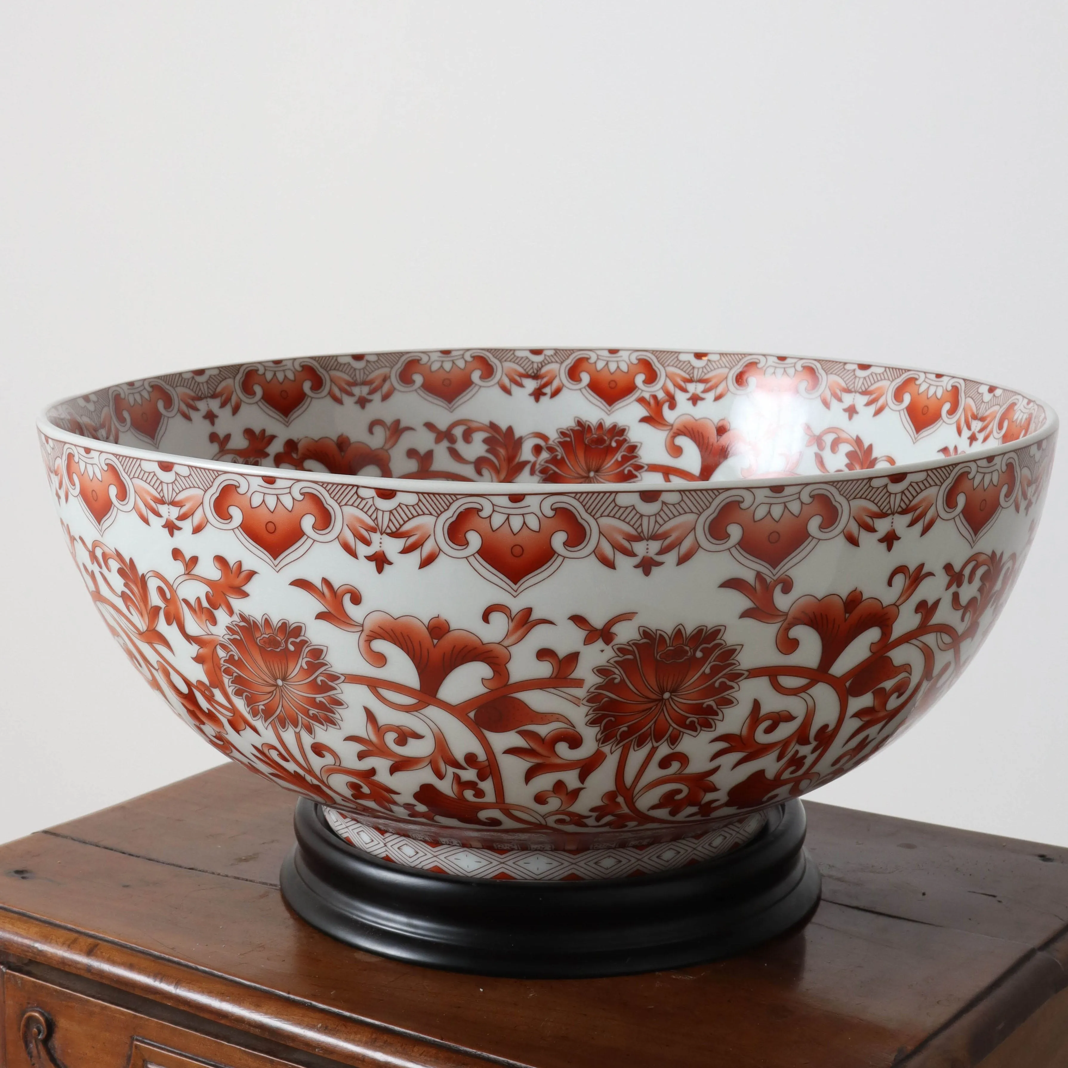 Coral Red Floral Porcelain Bowl with Base