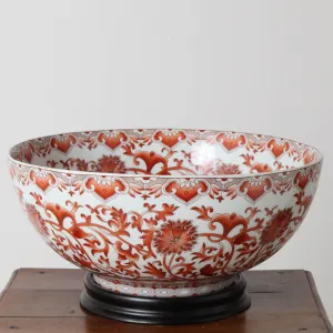 Coral Red Floral Porcelain Bowl with Base