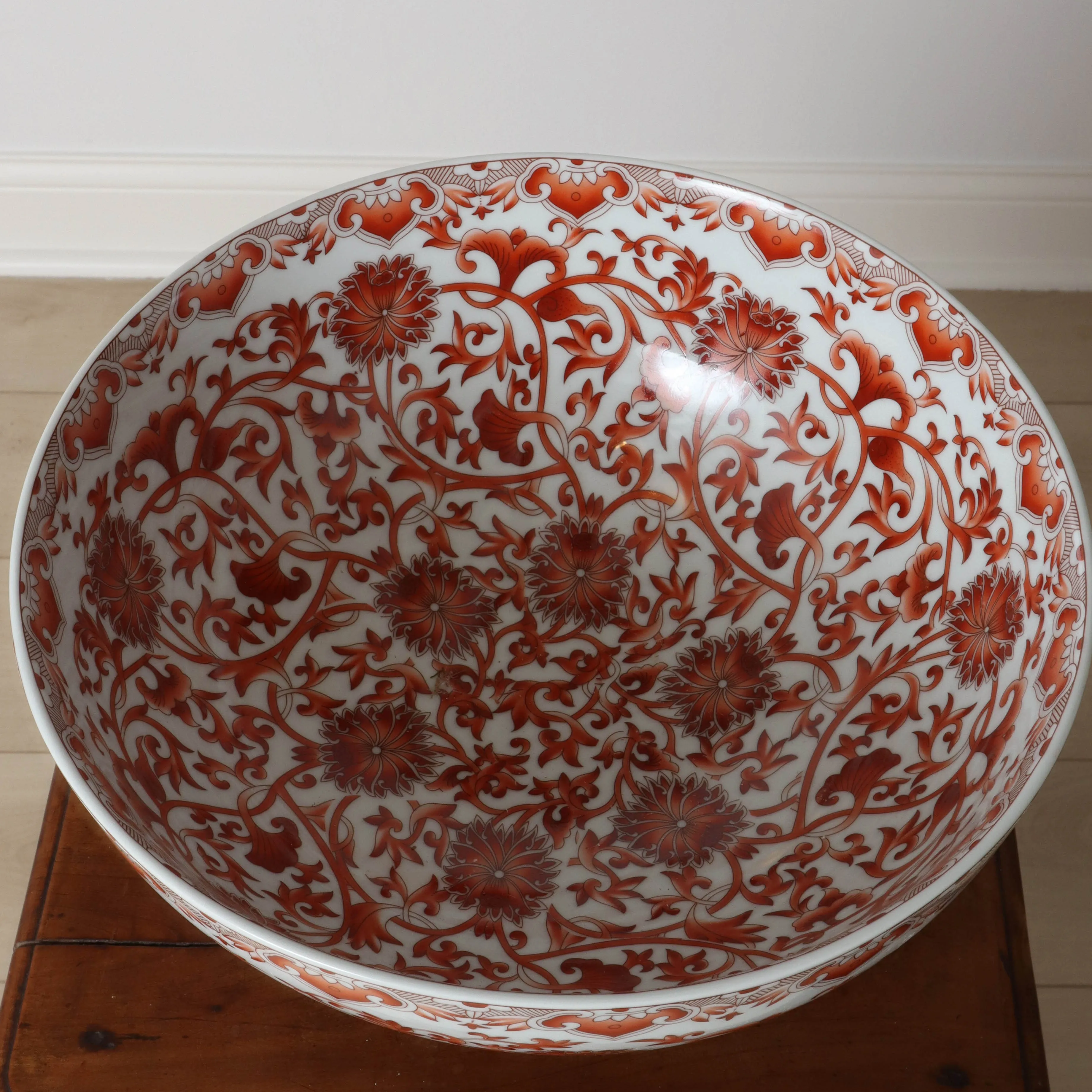 Coral Red Floral Porcelain Bowl with Base