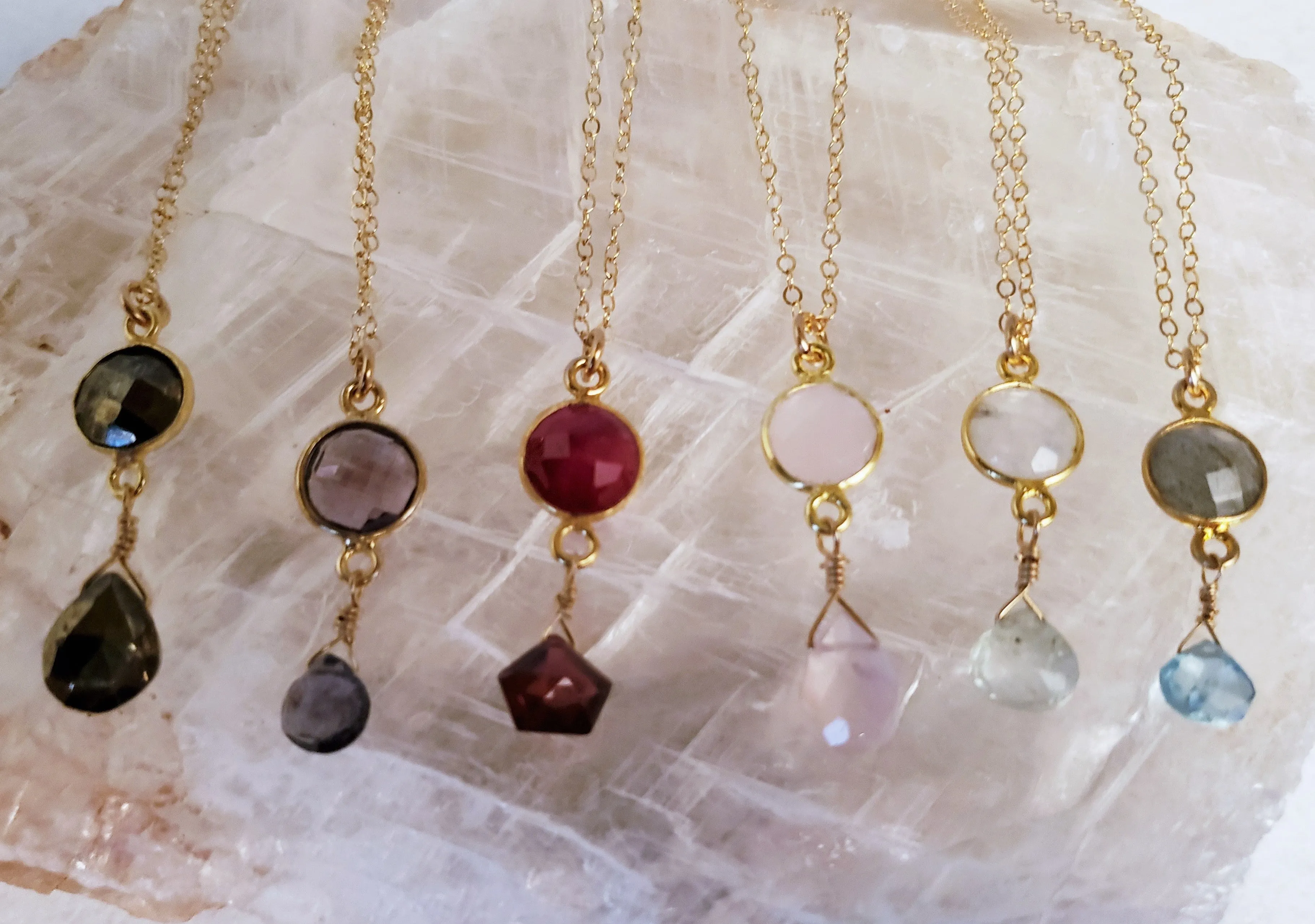 Delicate Pendant Necklace Features a Faceted Bezel Set Moonstone With a Faceted Tear Drop on a Fine Gold-Filled Chain.