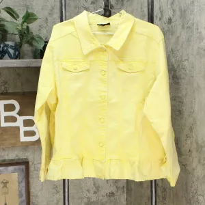 DG2 by Diane Gilman Ruffled Hem Classic Stretch Denim Jacket Lemon Plus 3X