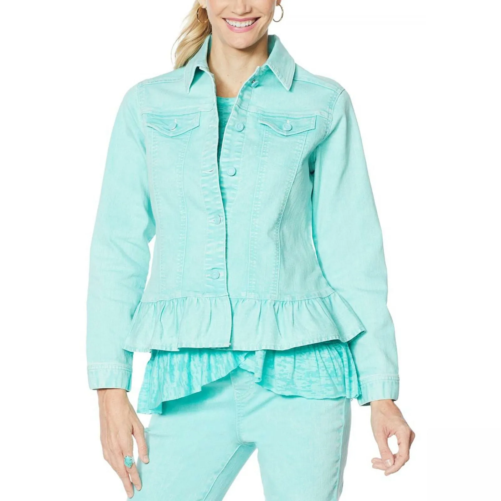 DG2 by Diane Gilman Women's Ruffle Hem Stretch Denim Jean Jacket