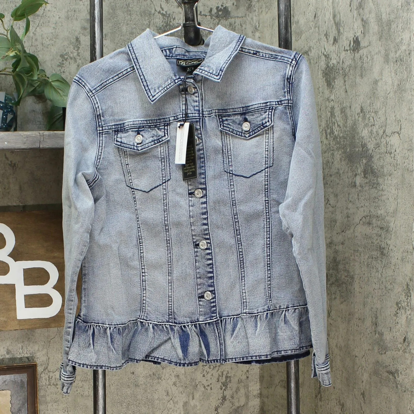 DG2 by Diane Gilman Women's Ruffle Hem Stretch Denim Jean Jacket