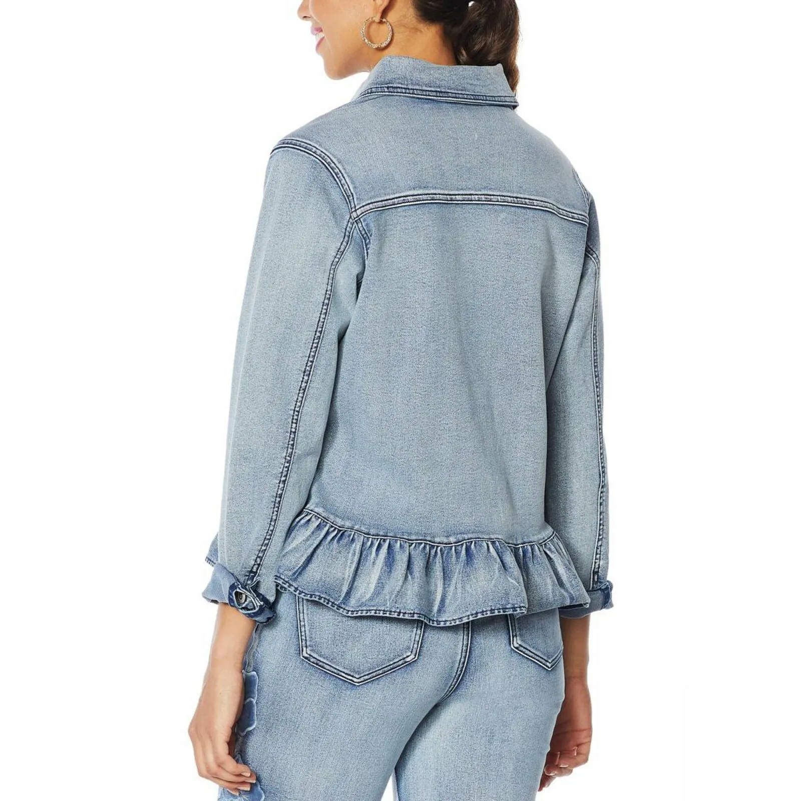 DG2 by Diane Gilman Women's Ruffle Hem Stretch Denim Jean Jacket