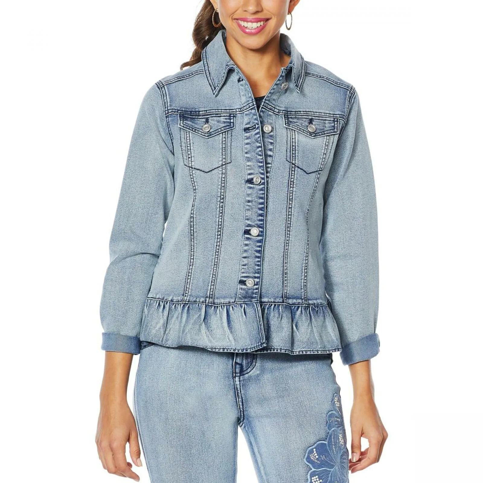 DG2 by Diane Gilman Women's Ruffle Hem Stretch Denim Jean Jacket