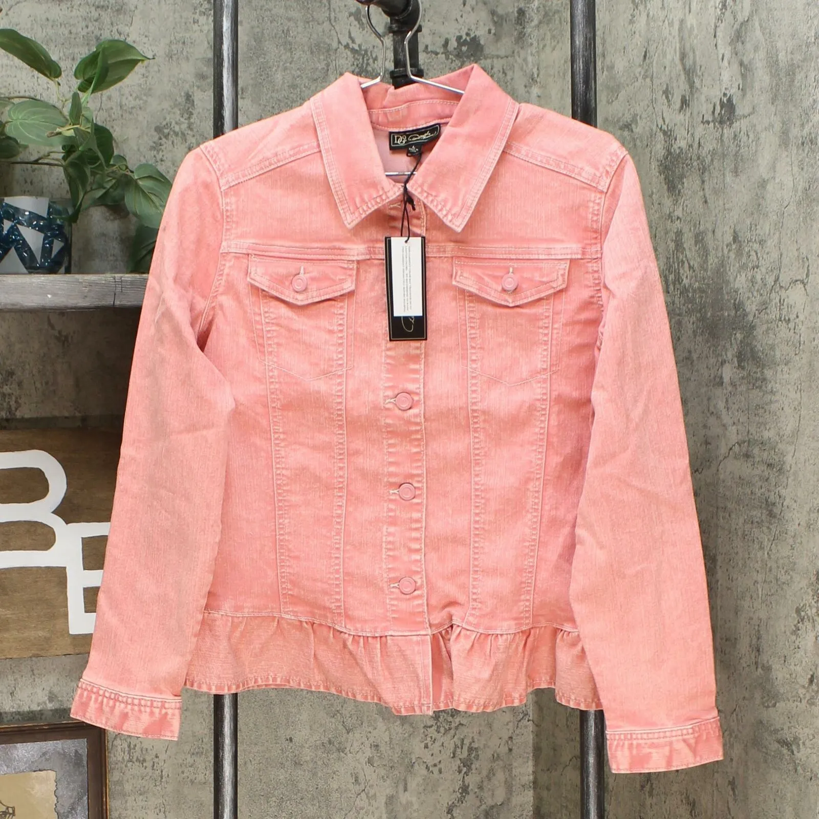 DG2 by Diane Gilman Women's Ruffle Hem Stretch Denim Jean Jacket
