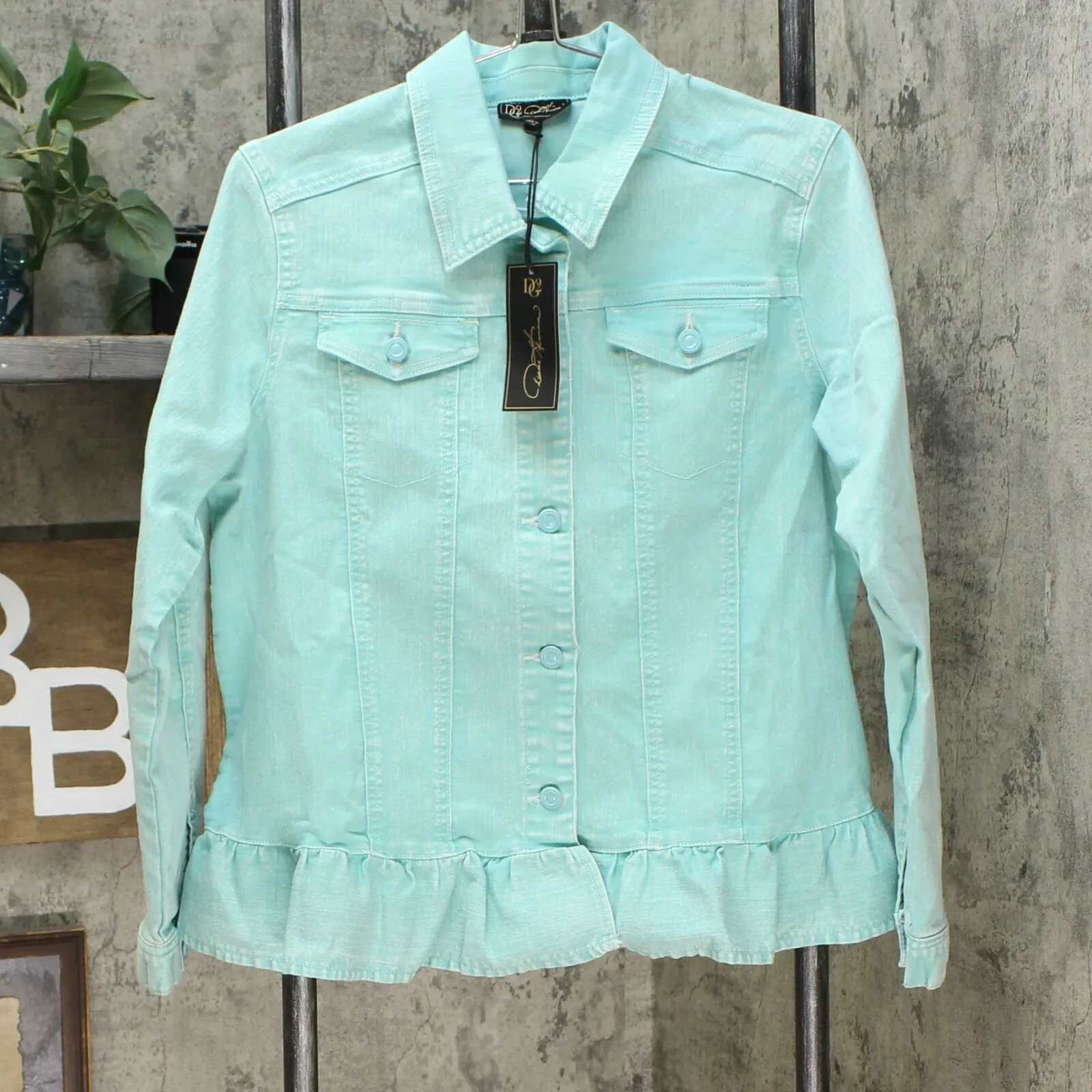 DG2 by Diane Gilman Women's Ruffle Hem Stretch Denim Jean Jacket