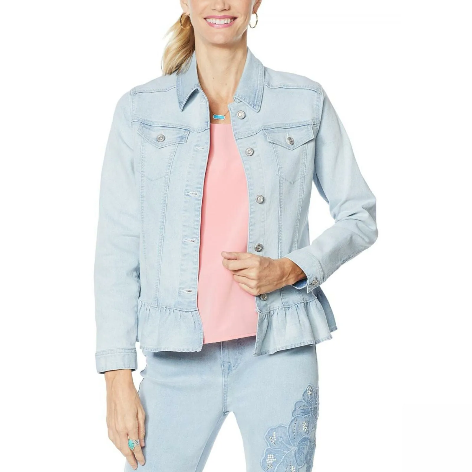DG2 by Diane Gilman Women's Ruffle Hem Stretch Denim Jean Jacket