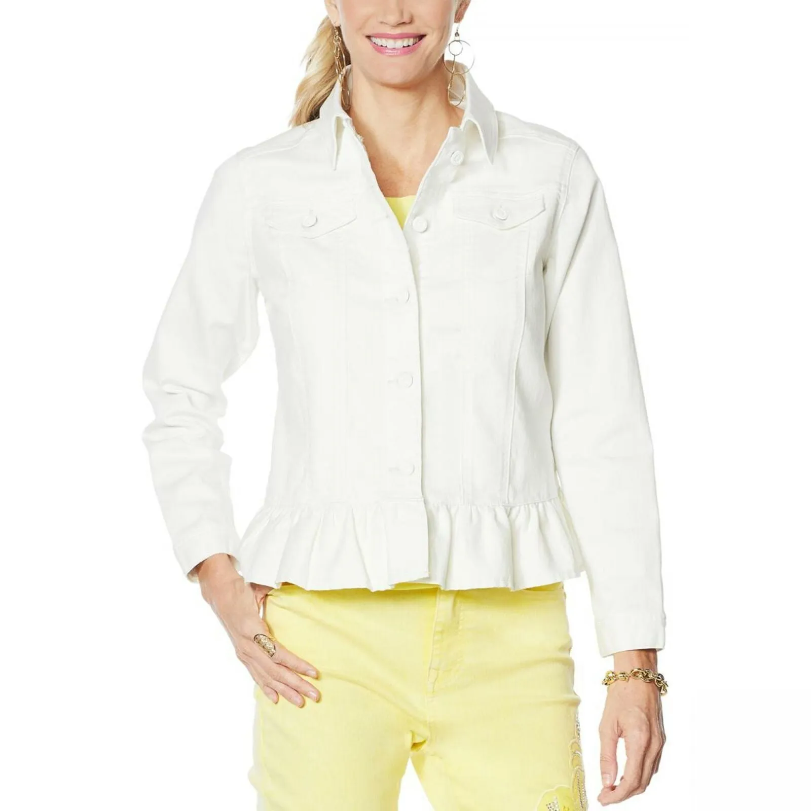 DG2 by Diane Gilman Women's Ruffled Hem Classic Stretch Denim Jacket White XL