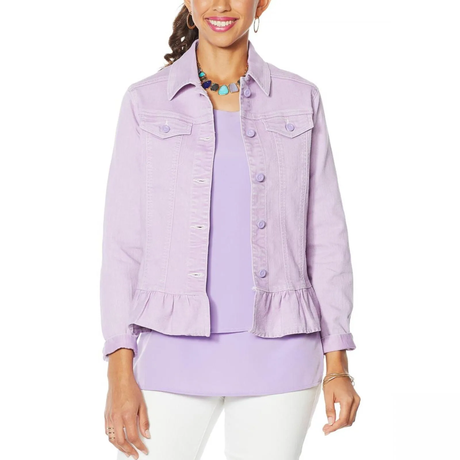 DG2 Womens Ruffled-Hem Classic Stretch Denim Jacket 688254 Lavender Purple S