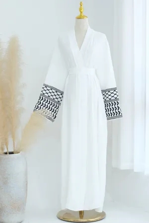 Dir El Balah Keffiyeh Inspired Abaya with contrast embroidered sleeves and detachable belt