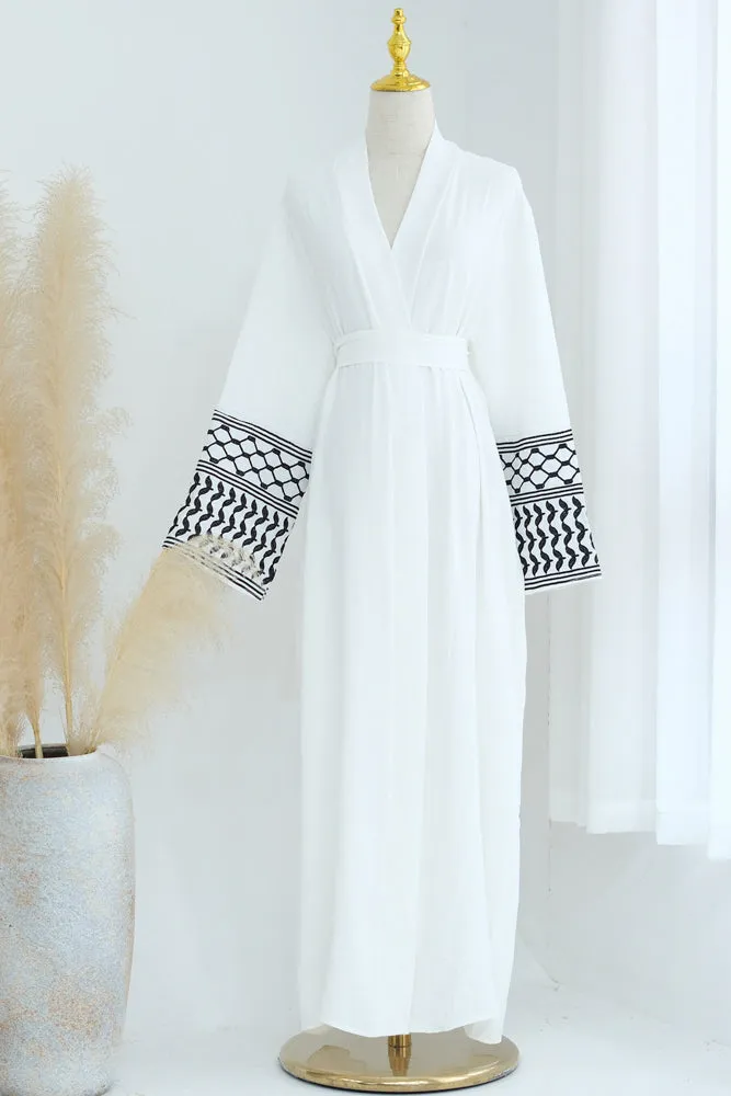 Dir El Balah Keffiyeh Inspired Abaya with contrast embroidered sleeves and detachable belt